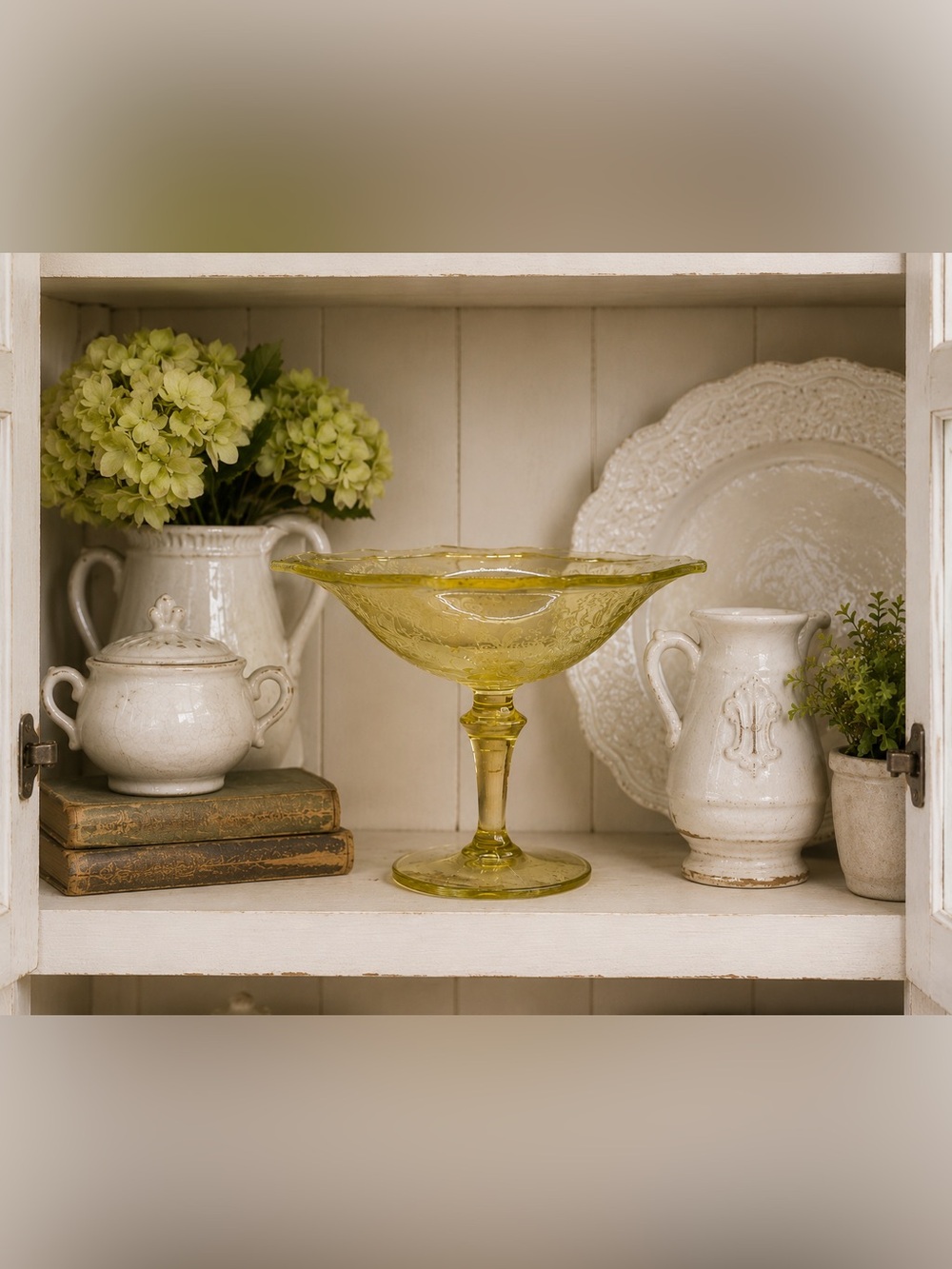 Antique Depression Glass Paden City Etched Yellow Dish Pedestal.